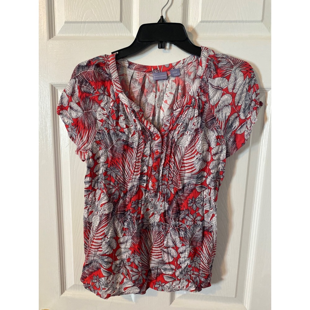 Laura Scott Womens Red Tropical Palm Print‎ Crinkle Blouse Short Sleeve Top M